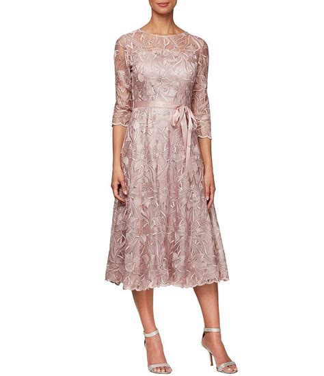 Alex Evenings Illusion Round Neck Ribbon Tie 34 Sleeve Embroidered Floral Lace Midi Dress