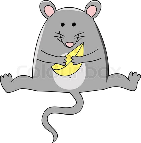 A Funny Fat Sitting Mouse With A Piece Of Cheese Stock