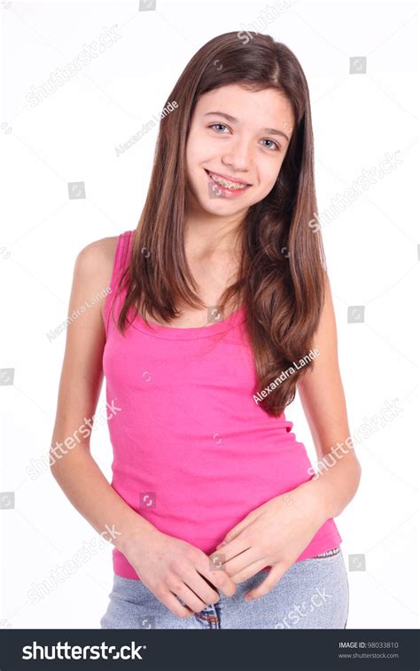 Download the perfect shutterstock pictures. Beautiful Young Teen Girl With Brackets On Teeth In White ...