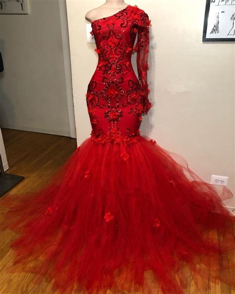 One Shoulder Red Mermaid Prom Dresses With Flowers Beading Custom Made