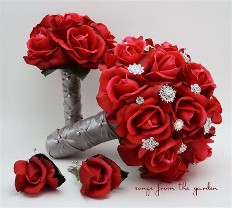 Red Roses Rhinestones Bridal Bouquet Real Touch Bridal Bouquet Roses