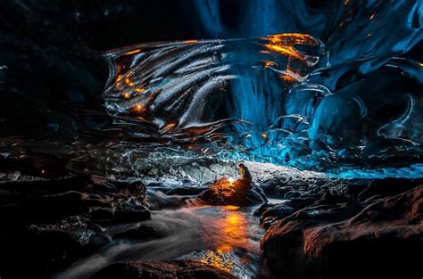 Men Nature Cave Water Iceland Ice Lights Glaciers Rock