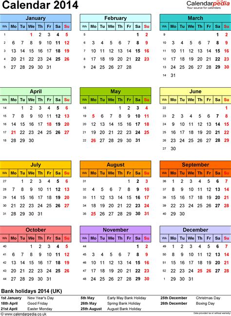 Calendar 2014 Uk As Word Templates In 15 Different Versions