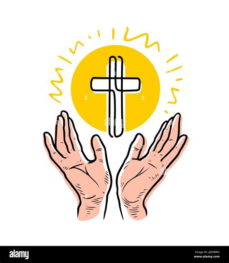 Hands Raised In Prayer And Cross As Symbol Of Faith In God Vector