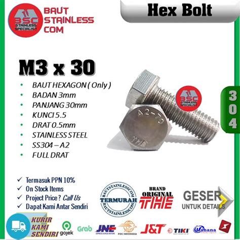 Jual Hex Bolt Stainless Ss304 A2 Baut Hexagon M3x30 Isi 10 Pcs Di