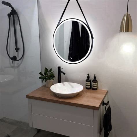 Decorative object, this design wall mirror is ideal to enhance a room and bring a touch of originality. Black Framed Strap Hanging LED Round Mirror 60cm | Free ...
