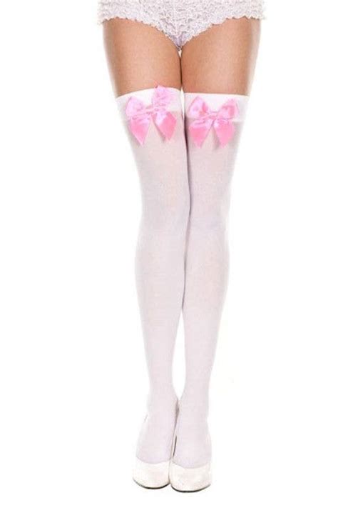 Sexy Stockings With Bows White Thigh High Stockings With Pink Bows