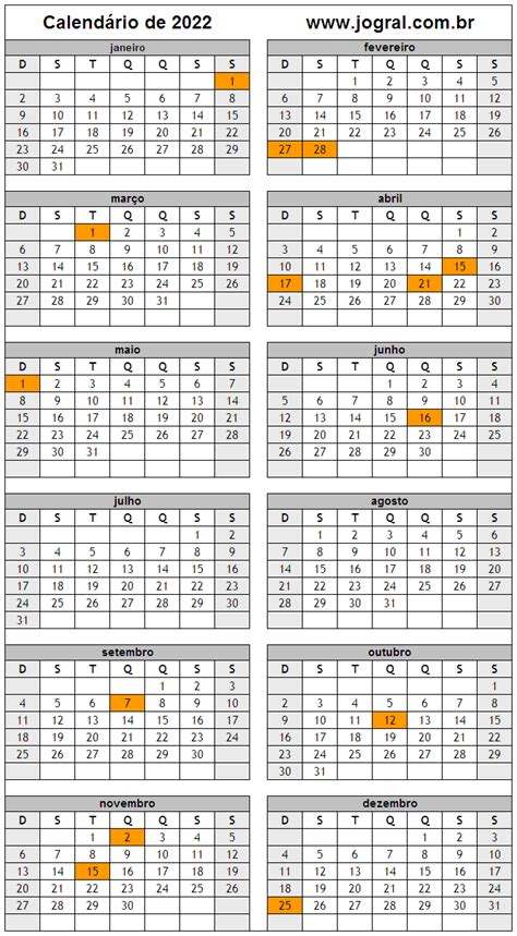 Calendário Do Ano 2022 Para Imprimir Em Formato Pdf E Imagem