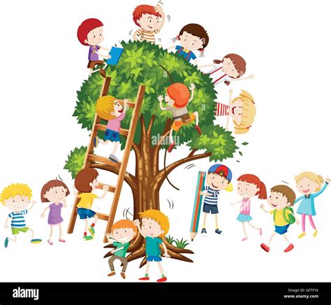 Children Group Tree Climbing Stock Vector Images Alamy