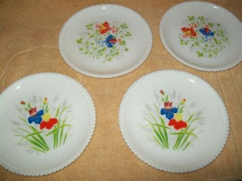 Vintage Westmoreland Beaded Edge Milk Glass Dessert Plates Flowers Set