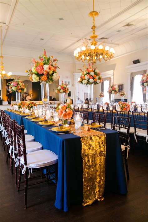 Gold Sequin Table Runners On Long Banquet Tables Navy Orange And