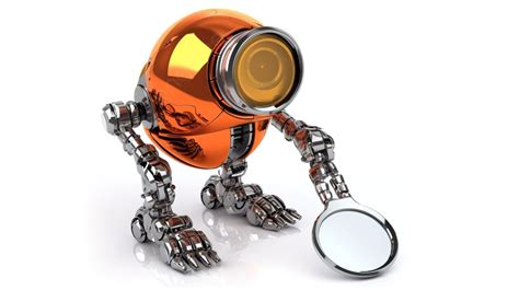 돋보기를 바라보는 주황색 로봇 흰색 배경에 돋보기가 있는 3d 렌더링 미니 로봇 고화질 사진 사진 배경 일러스트 및 사진