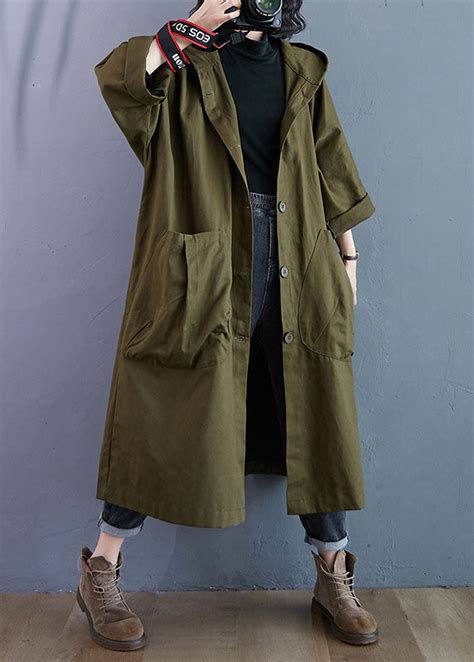 Elegant Army Green Pockets Button Fall Hooded Long Sleeve Trench Coats