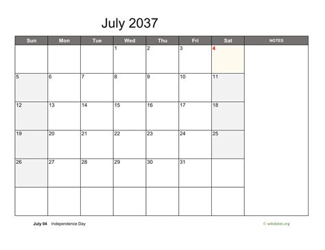 July 2037 Calendar With Notes