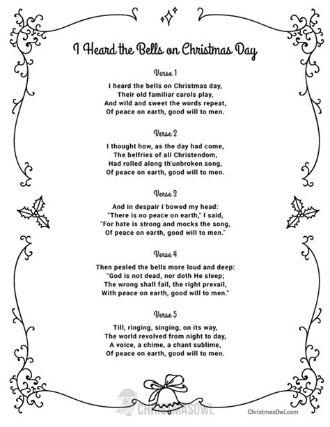 Free Printable Lyrics For I Heard The Bells On Christmas Day