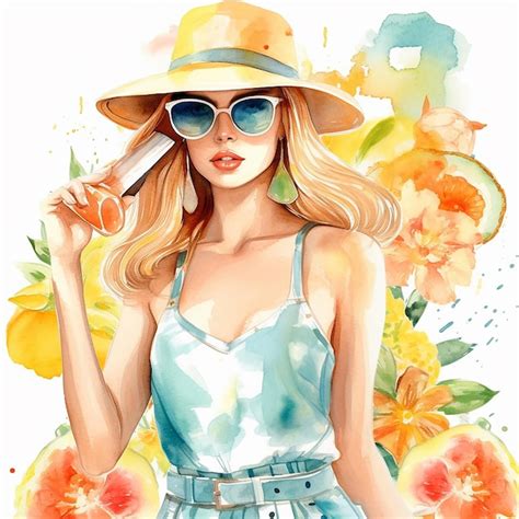 Premium AI Image Watercolor Summer Fashion With Flowers Clipart