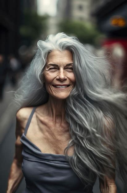 Premium Photo Generative Ai Illustration Of Beautiful 60 Year Old Woman With Gray Hair On The