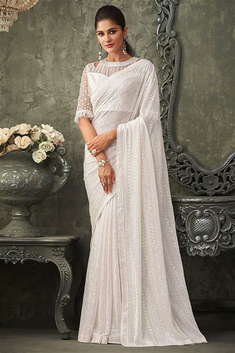 Buy White Georgette Sequin Embellished Saree Online Like A Diva