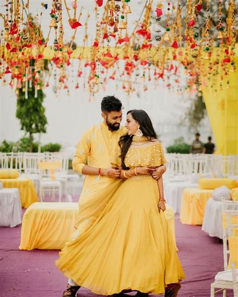 Tips And Tricks To Style A Trendy Mehndihaldi Lehenga Couple Wedding