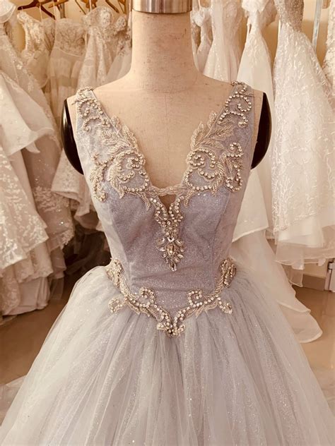 Pastel Grey Beaded A Line Wedding Dress With Glitter Tulle And Court Train