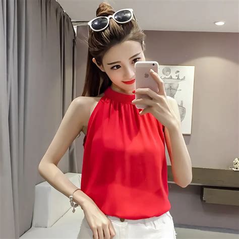 High Quality Summer New Female Korean Version Sleeveless Solid Color Chiffon Shirts Girls Loose