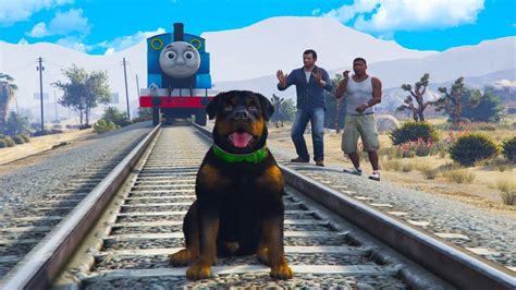 Chop Meets Thomas The Train Engine In Gta 5 Funny Youtube