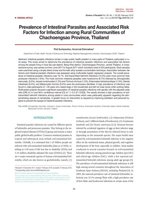 Pdf Prevalence Of Intestinal Parasites And Associated Risk Factors
