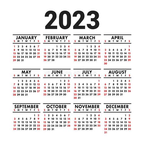 Calendario 2023 Año Conjunto De Vectores De Color Inglés Plantilla De