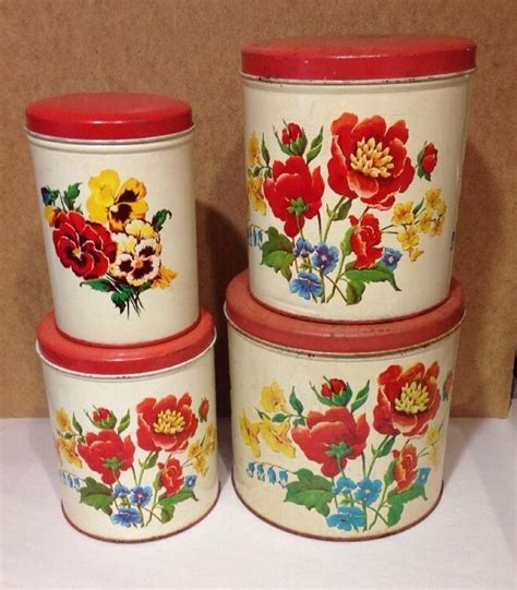 4 Vintage Nesting Parmeco Floral Red Canister Canisters Parker Metal Co