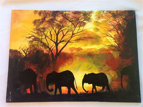 Beautiful Original Painting Of Elephants Silhouette By Ugandan Artist