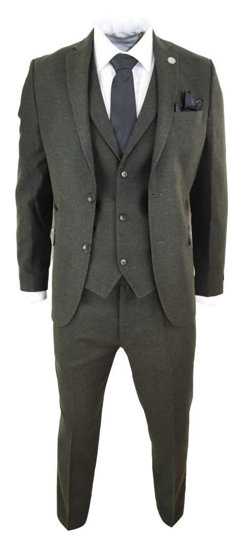 buy mens wool 3 piece suit tweed olive green black tailored fit peaky blinders classic olive