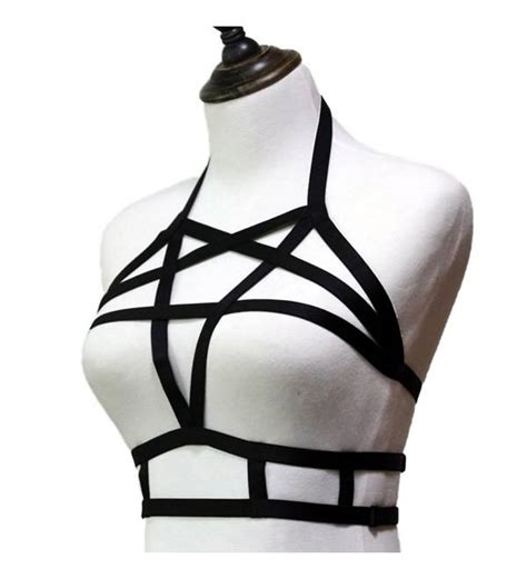 womens sexy goth pentagram harness strappy body caged bra halloween costume black c7126rwiztj