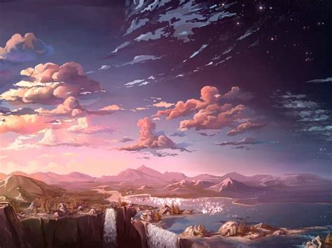Anime Landscape Waterfall Cloud 5k Wallpaper In 2020 Anime Scenery
