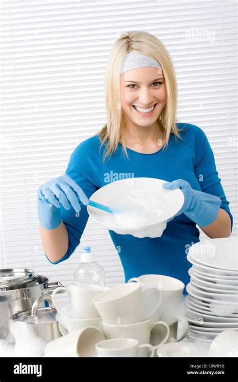 Modern Kitchen Happy Woman Washing Dishes Housework Stock Photo Alamy