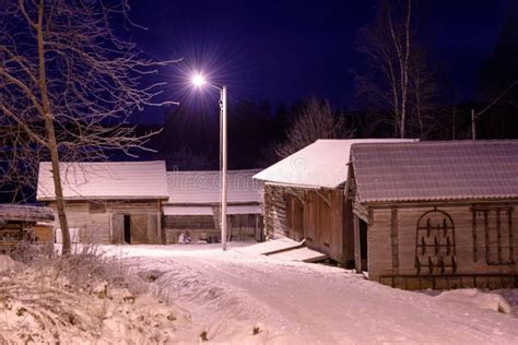 Winter Night With Old Farm Houses Stock Image Image Of Outdoors