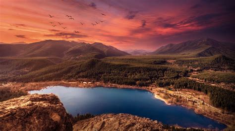Lake 4k Wallpaper Sunset Mountains Landscape Birds Purple Sky