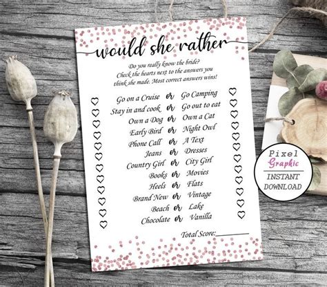 Bachelorette Party Printable Games Would She Rather Game Rose Gold Hen