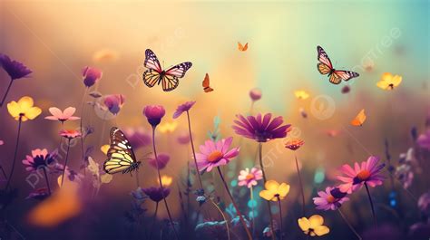 Colorful Butterflies Are Flying Over Some Flowers Background Picture