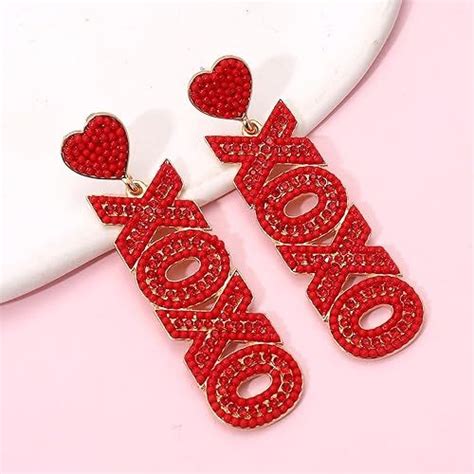 Valentines Day Earrings Beaded Heart Earrings For Women Rhinestone Glitter Xoxo Love Earrings