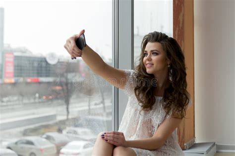 Woman In Underwear On Window Sill Makes Selfie Stock Image Image Of Fashion Gorgeous 96202089