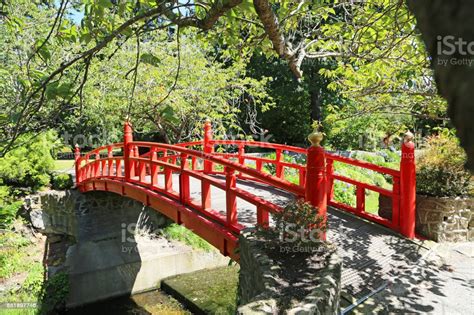 View At Japanese Red Bridge Stock Photo Download Image