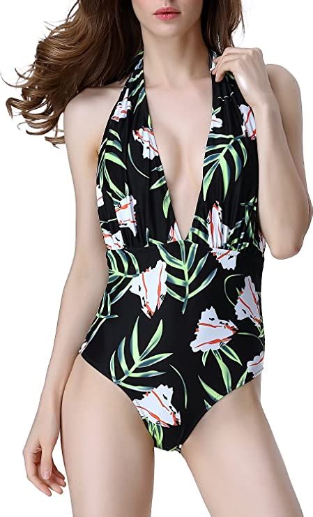 Evelust Lily Floral Halter Deep V Neck Swimsuit Sexy Womens One Piece