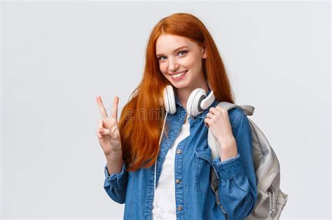 Lovely Flirty And Cheeky Redhead College Girl Wear Headphones Over
