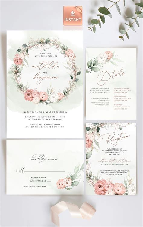 Siri Dusty Rose Wedding Invitations Template Boho Rosegold Etsy In