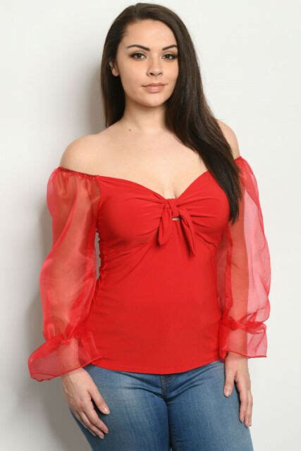 Womens Plus Size Red Cold Shoulder Top 1x Sheer Long Sleeves Stretch Ebay