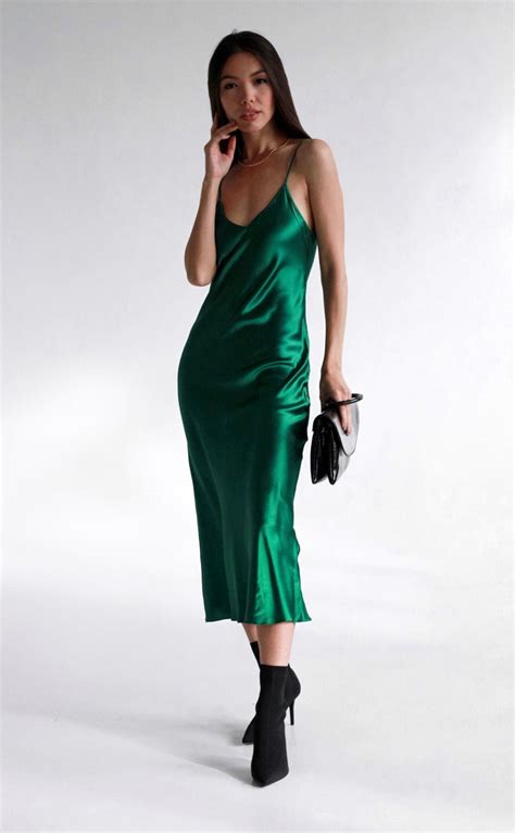 V Neck Emerald Green Silk Slip Dress Midi Green Silk Dress Etsy Satin Cami Dress Satin