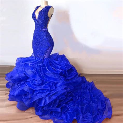 Luxury Royal Blue Lace Beaded Mermaid Prom Dresses Puffy Bottom