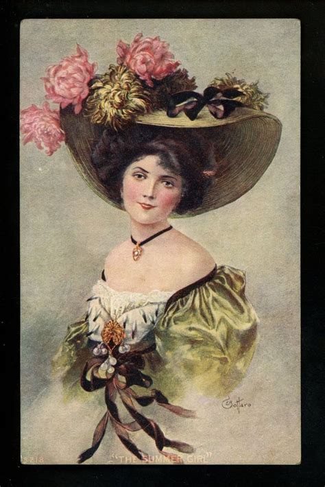 artist signed vintage postcard gottaro woman w merry widow hat girls with flowers hats