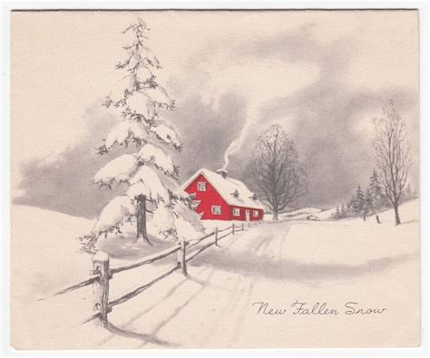 Vintage Greeting Card Christmas Red House Chimney Smoke Snowy Winter