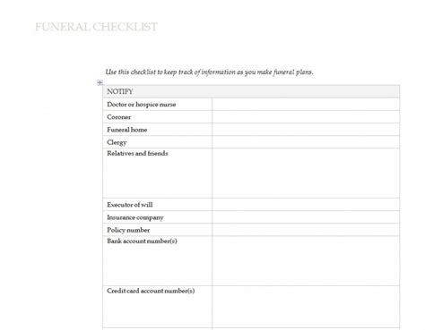 free printable funeral checklist